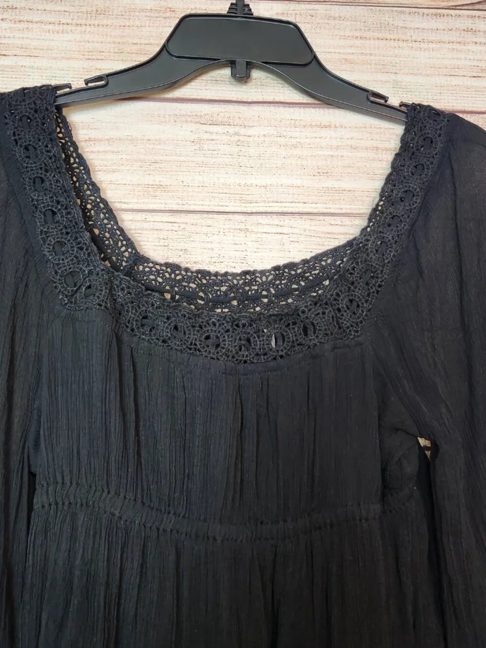 Free People Chiffon Lace Bogemian Crochet Trim Blouse Black Tunic Women's XS/TP